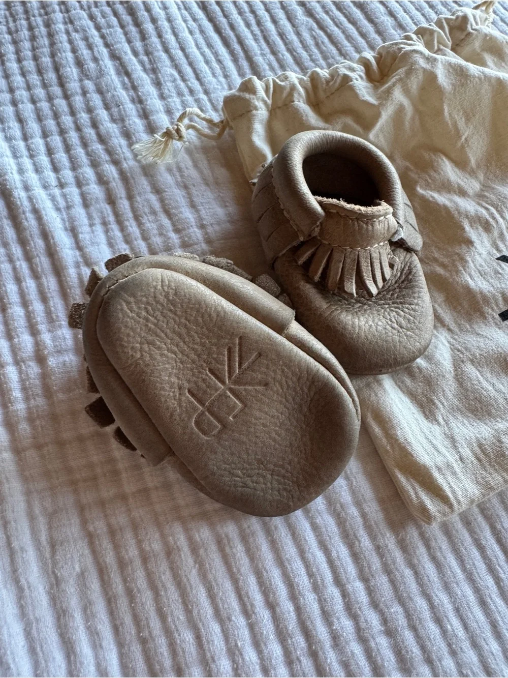 Freshly Picked Tan Leather Baby Moccasins with Fringe